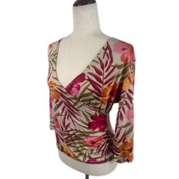 Bob Mackie Silk Blend Tropical Floral Top Blouse 3/4 Sleeve Pink Orange Size 12 - Picture 1 of 4